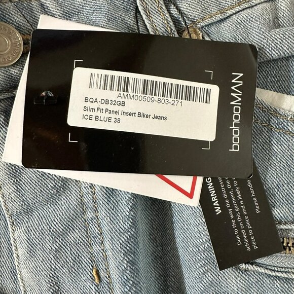 Boohoo Man Slim Fit Panel Insert Biker Jeans Ice Blue men's 38 - Picture 2 of 6